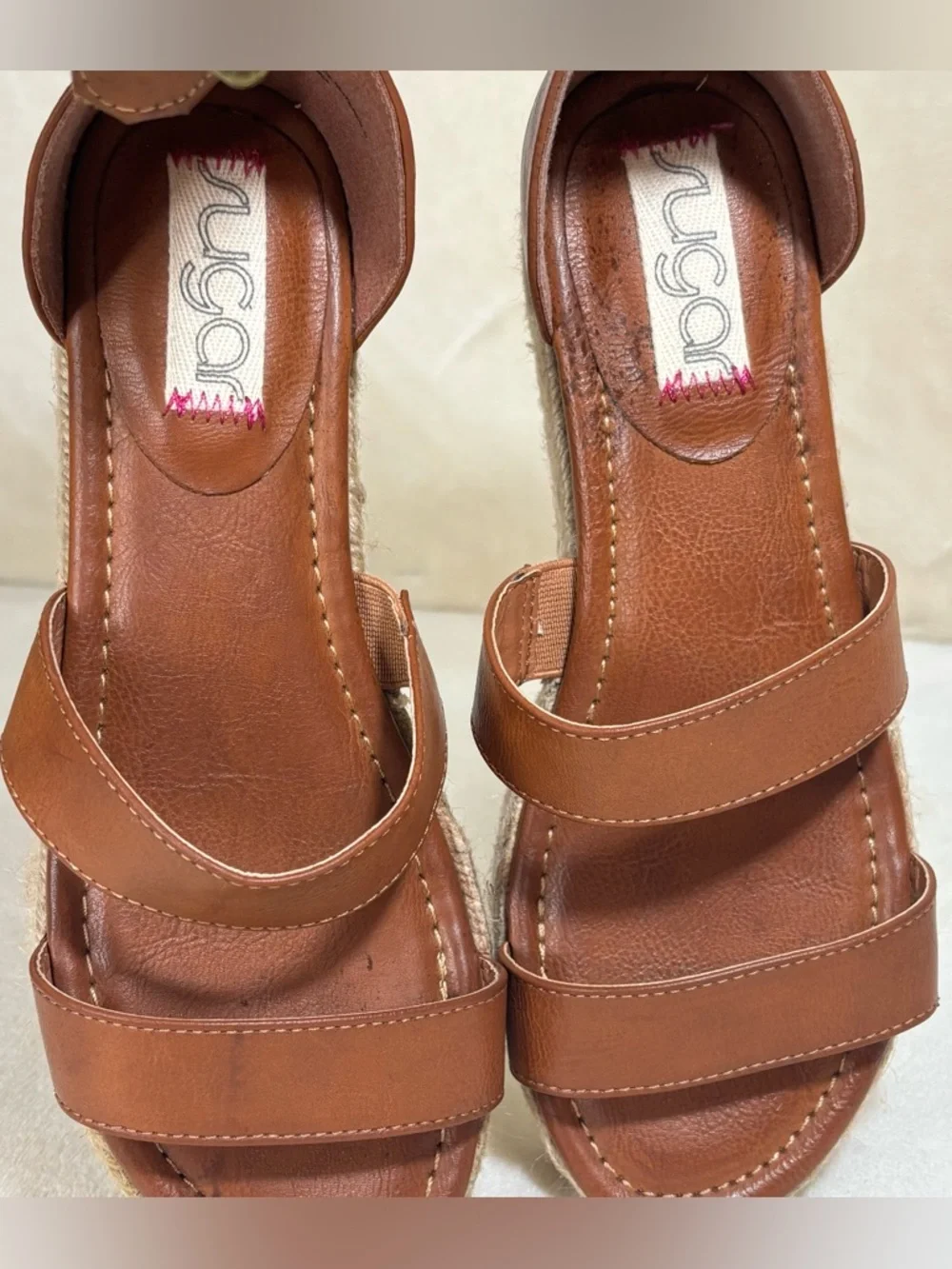 Sugar Women's Tahini Platform Wedge Espadrille Sandals with Ankle Strap Size 7